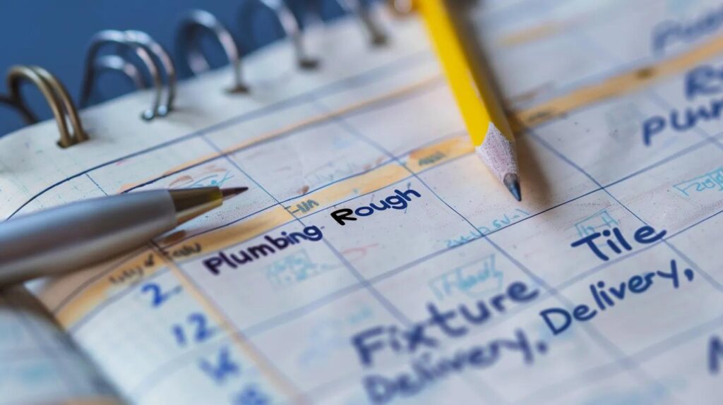 . A close-up shot of a calendar or planner with specific dates circled or highlighted for "Plumbing Rough-in," "Tile Installation," "Fixture Delivery," indicating project timeline and labor scheduling.